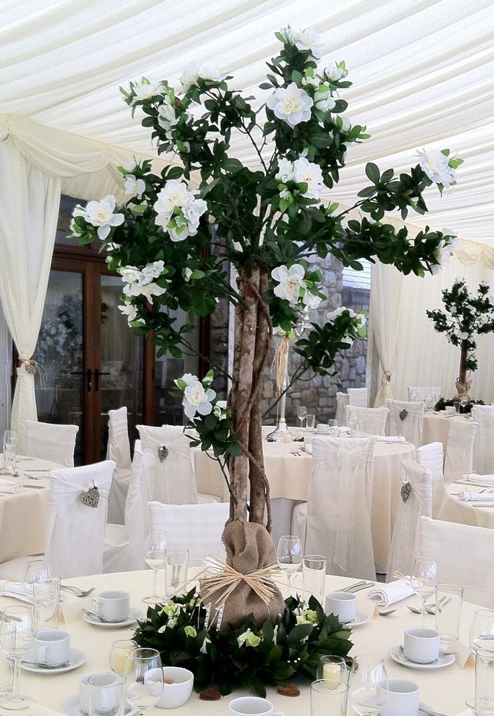 A tree with white flowers sits on a table