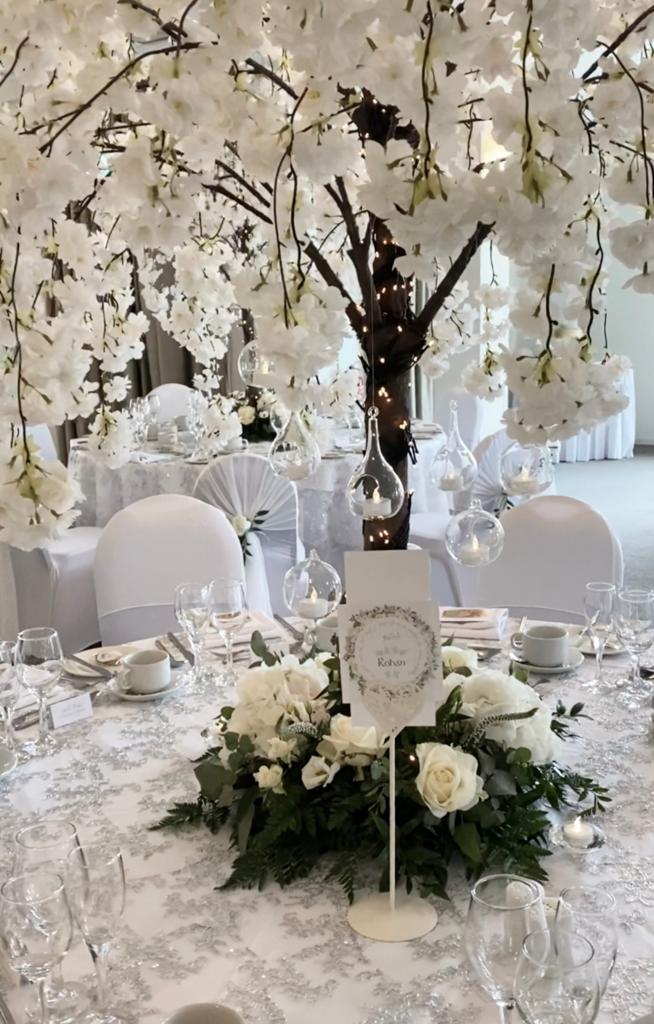 A table set for a wedding reception with a table number that says robin